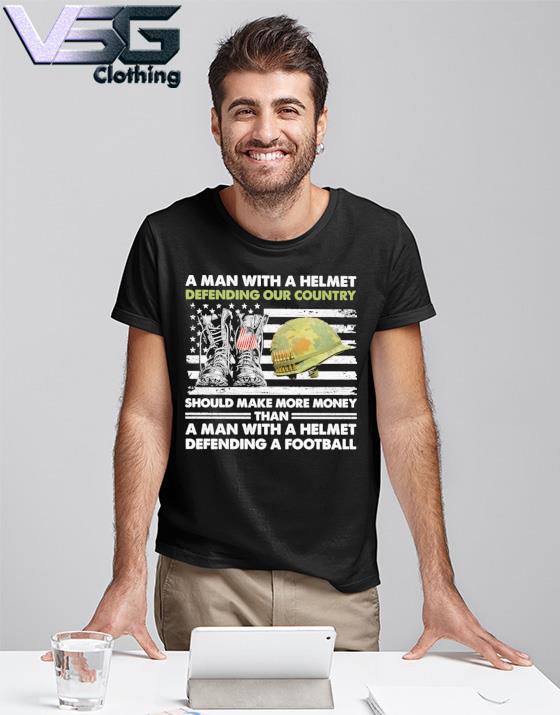 A man with a helmet defending our country America Veteran flag shirt
