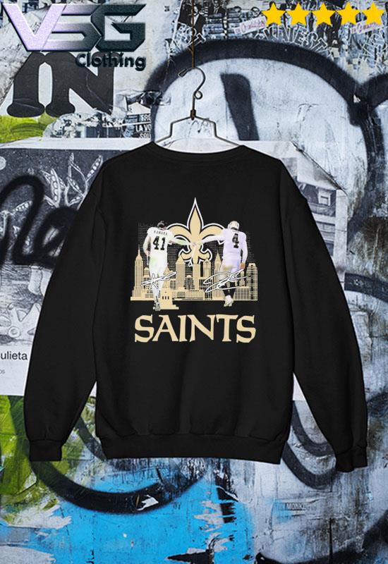 Orleans Saints 41 Kamara and 4 Derek Carr city skyline signatures shirt,  hoodie, sweater, long sleeve and tank top